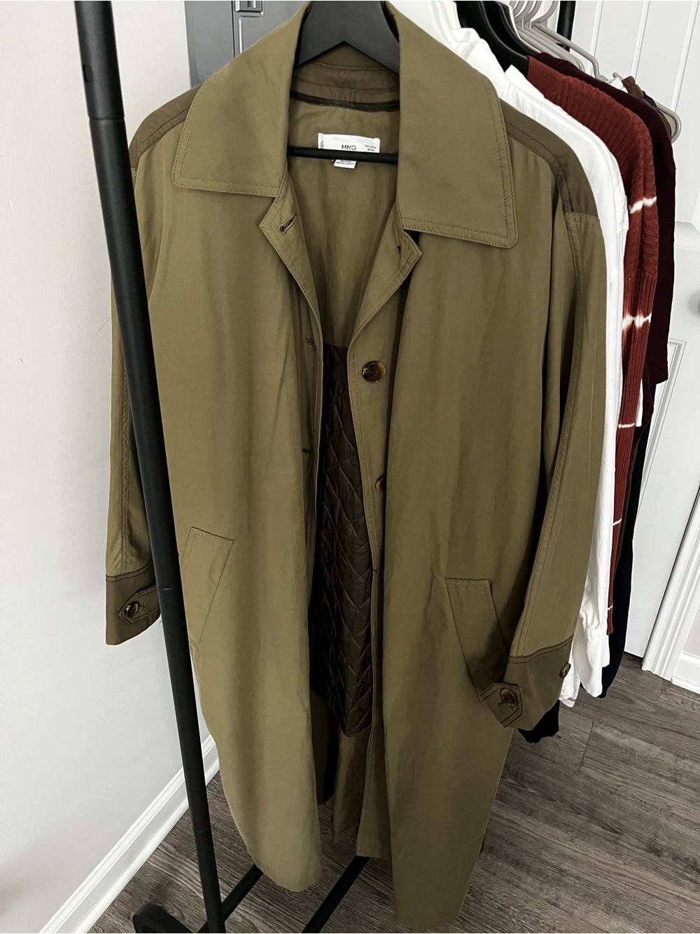 Mango Olive Green Trench Coat - Classic Single-Breasted Overcoat